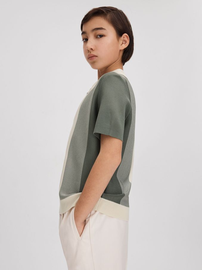 9-14 yrs Half-Zip Striped Polo Shirt in Sage (N74013) | €28