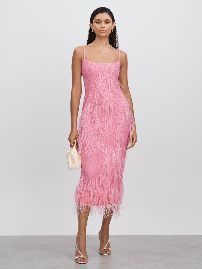 Rachel Gilbert Sequin Feather Midi Dress in Orchid (N74014) | US$1,235
