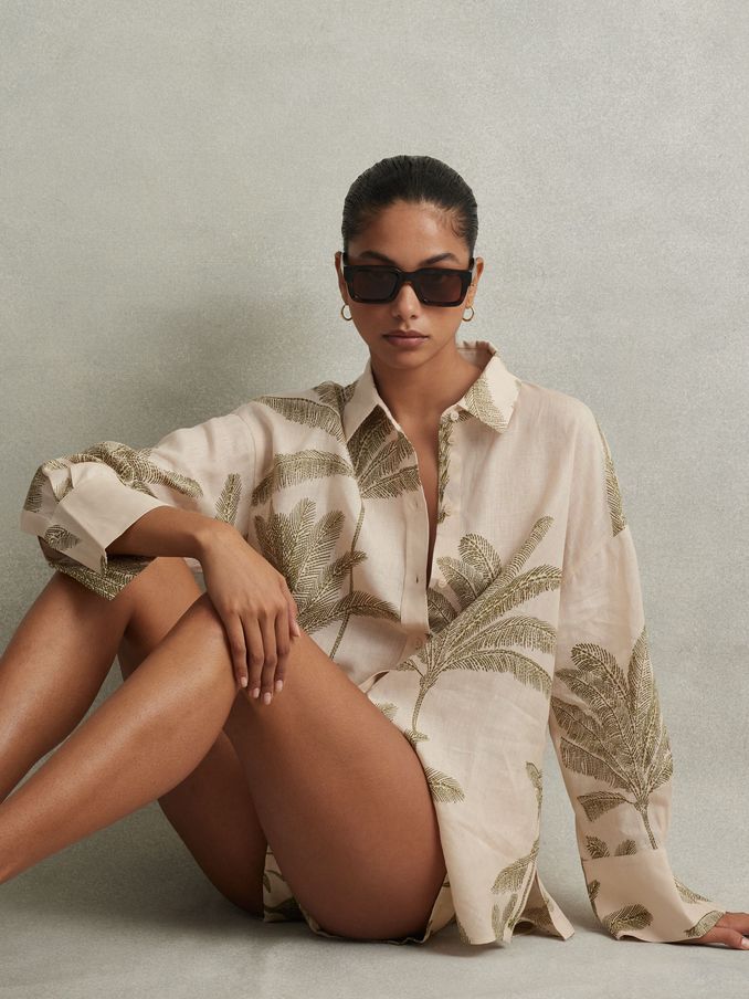 Linen Tropical Print Shirt in Neutral (N74032) | €102