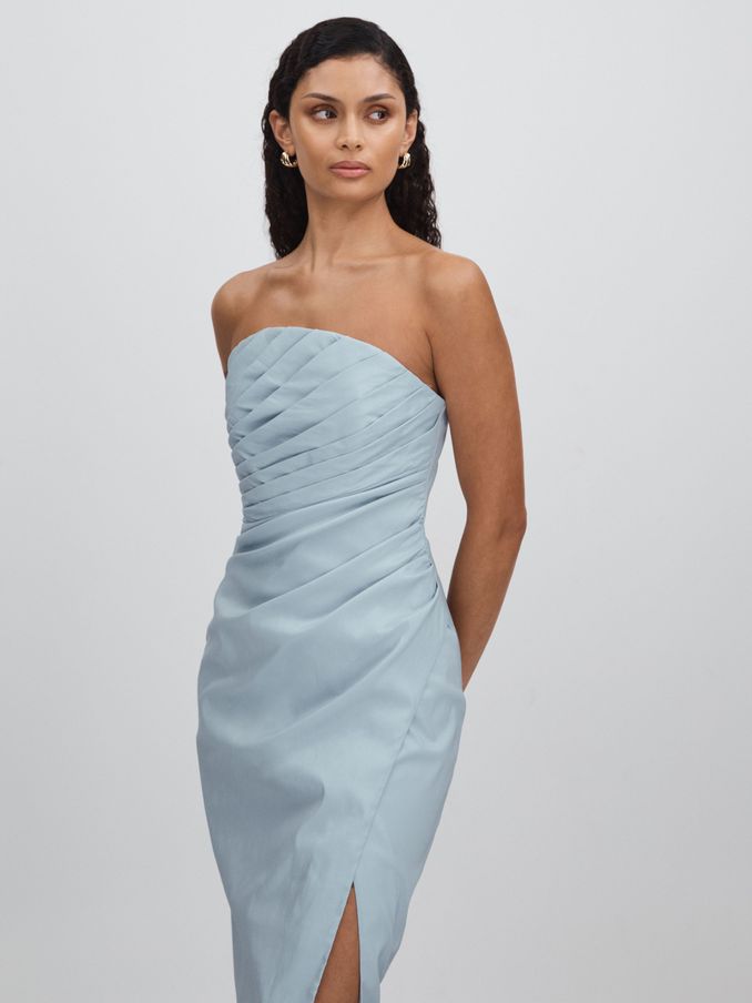 Rachel Gilbert Pleated Fitted Midi Dress in Ice Blue (N74034) | US$537