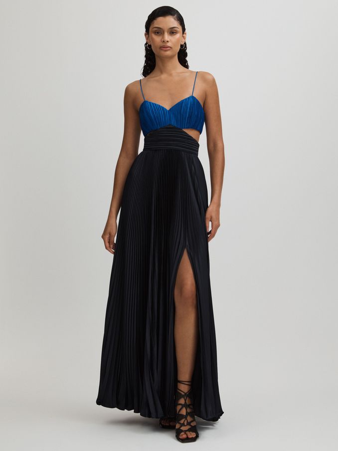 Elodie Navy Amur Pleated Cut-Out Maxi Dress (N74049) | €462