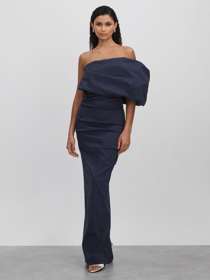 Rachel Gilbert One Sleeve Ruched Maxi Dress in Navy (N74061) | US$735