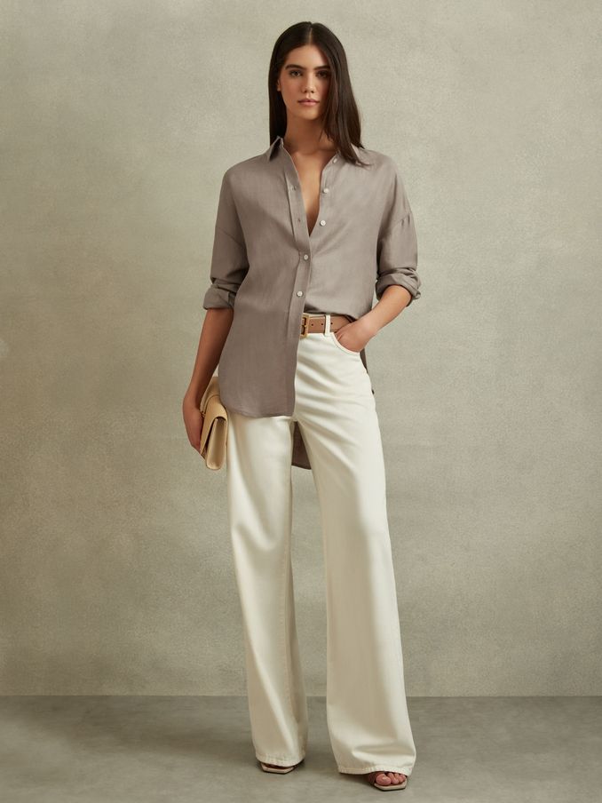 Relaxed Fit Lyocell Linen Button Through Shirt in Mink (N74075) | €77