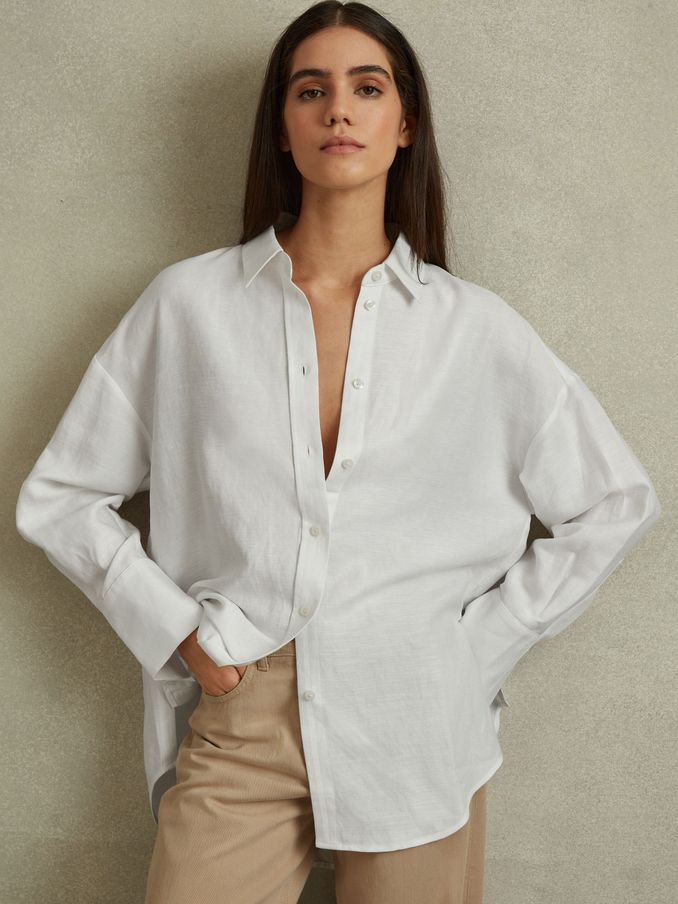Relaxed Fit Lyocell-Linen Button-Through Shirt in White (N74082) | US$73