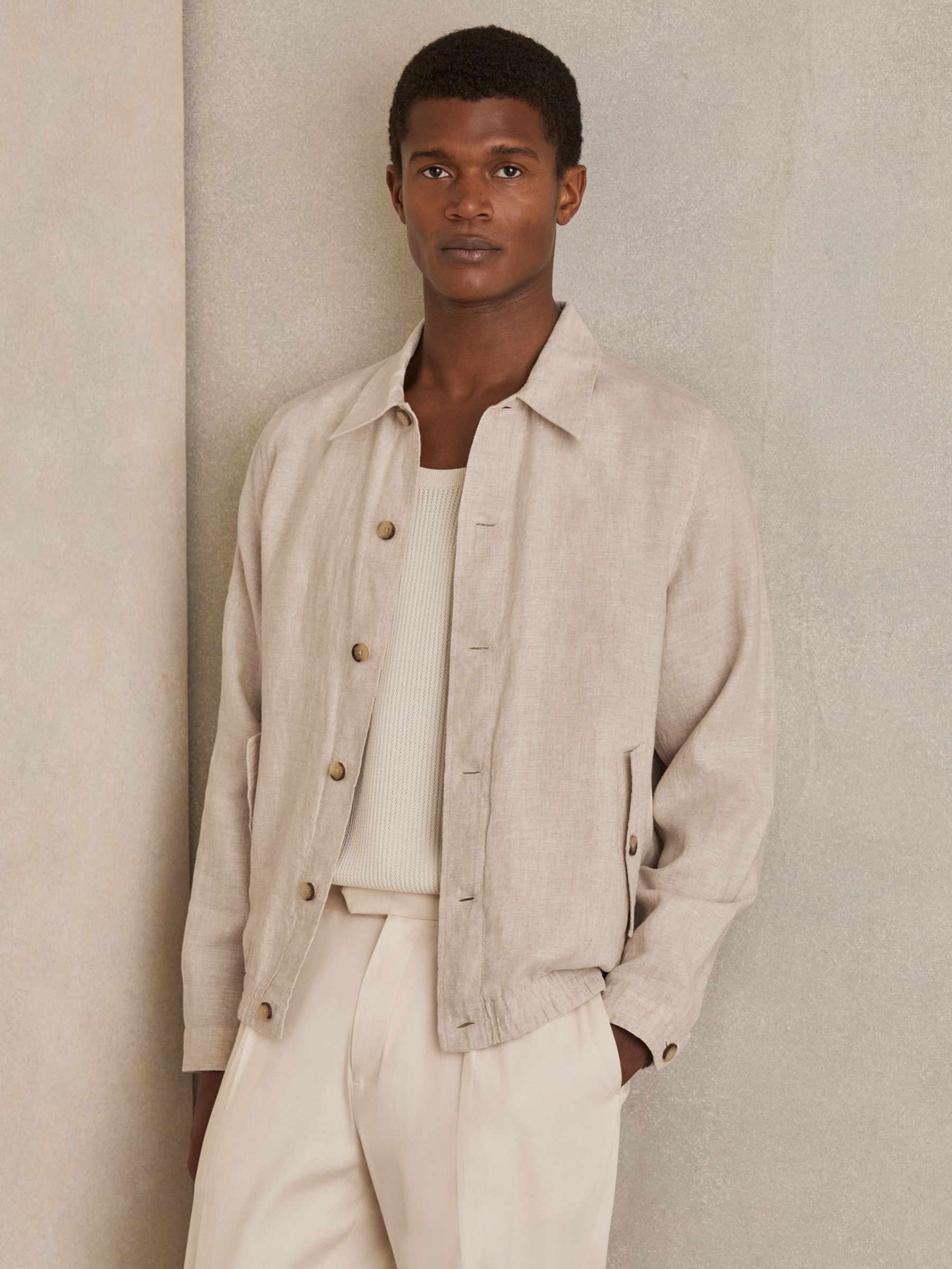 Linen Elasticated Hem Overshirt in Oatmeal (N74100) | US$285