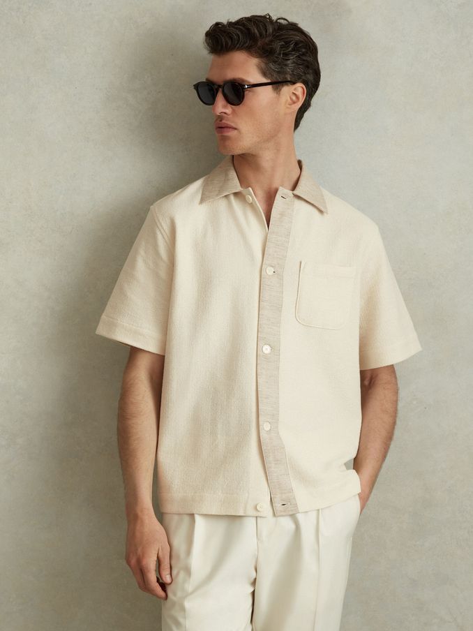 Textured Cotton Blend Contrast Shirt in Ecru (N74109) | $42