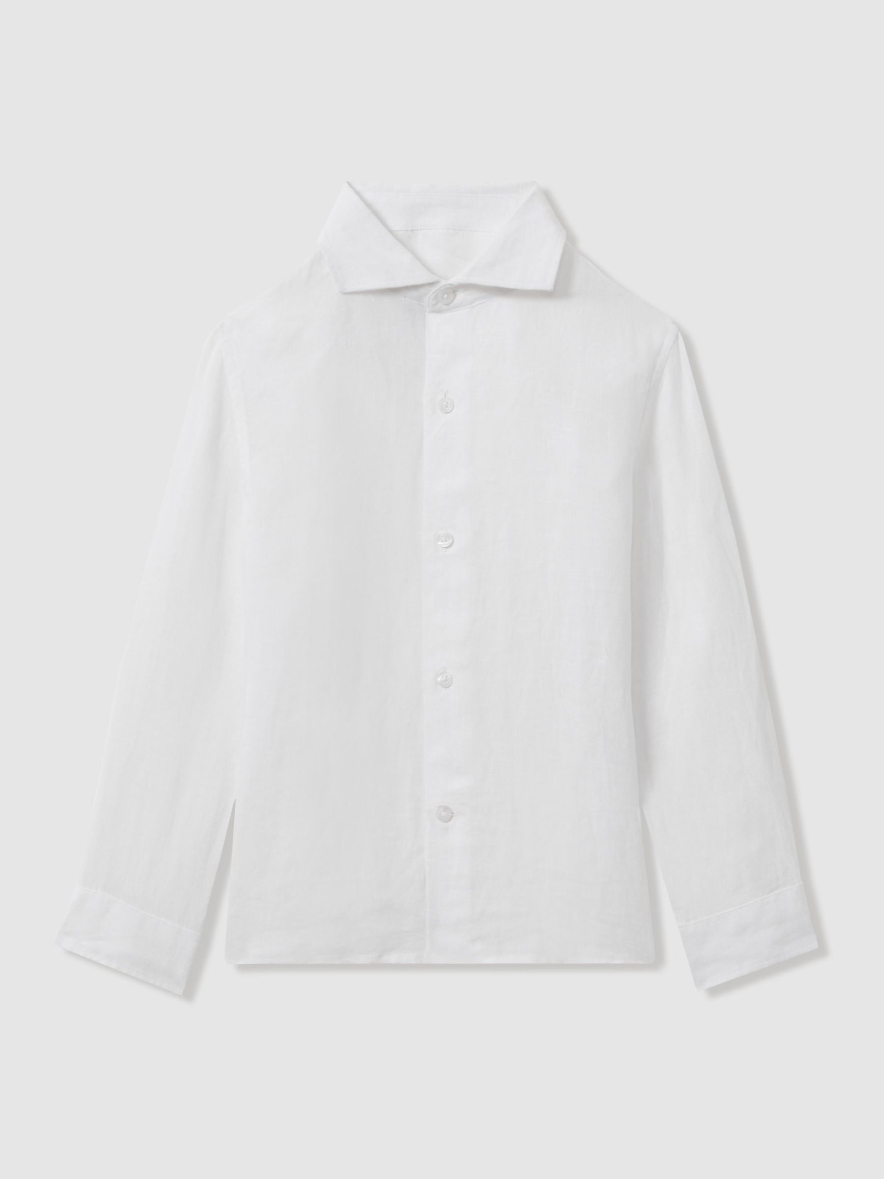 13-14 yrs Striped Linen Cutaway Collar Shirt in White (N74125) | $80