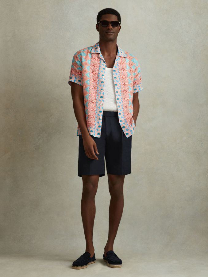 Linen Printed Cuban Collar Shirt in Orange Multi (N74126) | US$73
