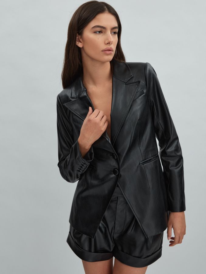 Paige Relaxed Faux Fur Leather Single Breasted Blazer in Black (N74135) | €283