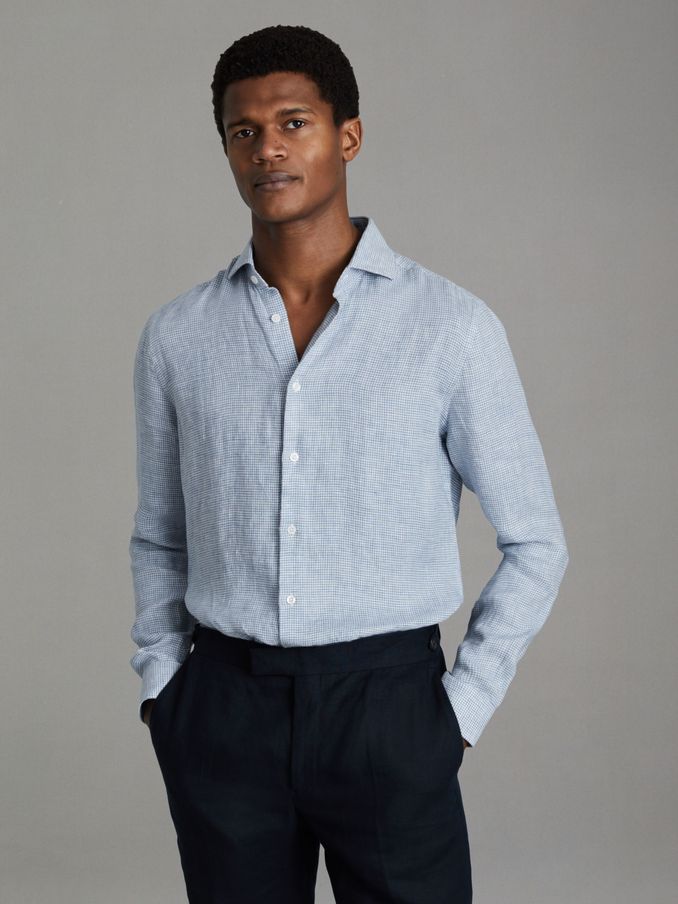 Linen Button-Through Shirt in Soft Blue Puppytooth (N74138) | €63