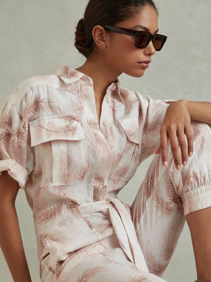 Linen Tropical Print Belted Jumpsuit in Blush (N74152) | €205
