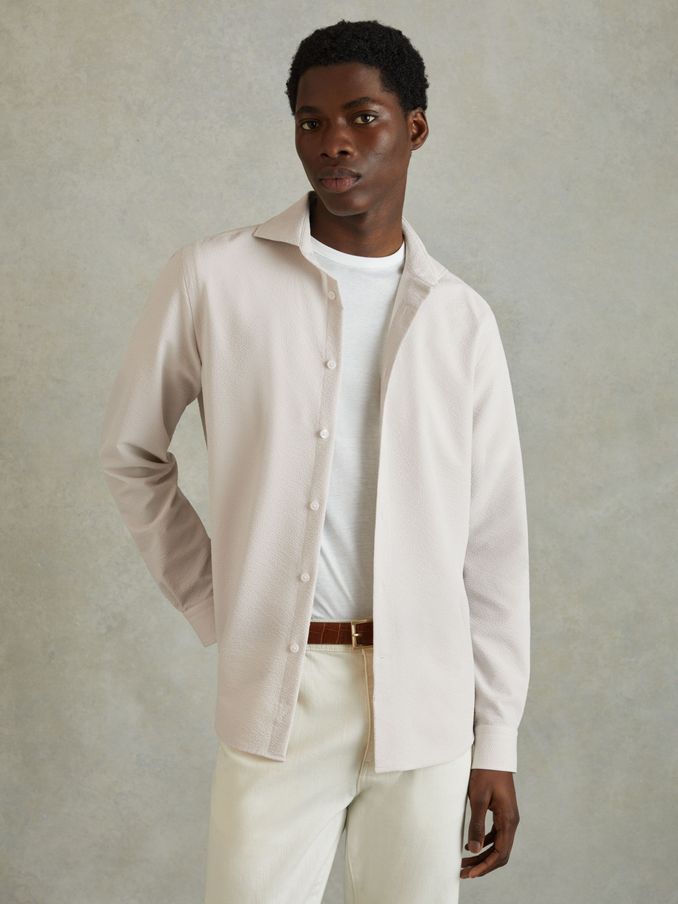 Textured Cutaway Collar Shirt in Stone (N74161) | US$78