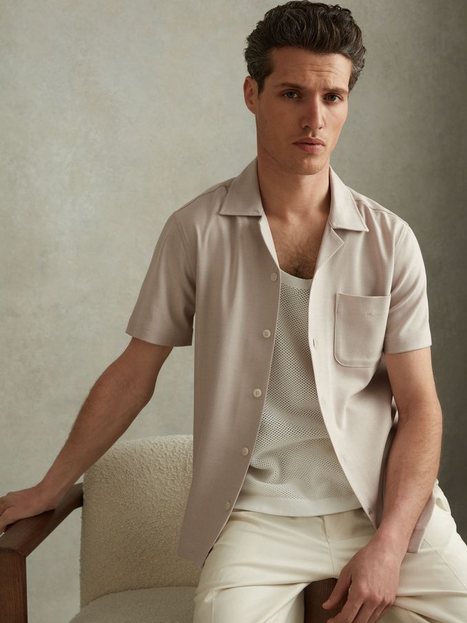 Herringbone Cuban Collar Shirt in Stone (N74165) | US$73