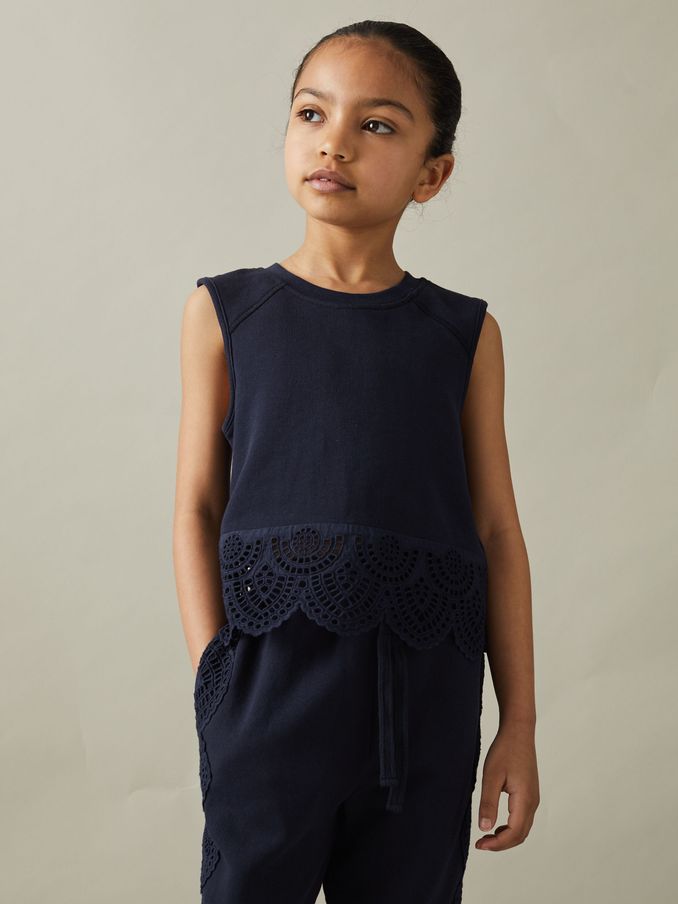 9-13 yrs Cotton Broderie Top Co-Ord in Navy (N74178) | US$34