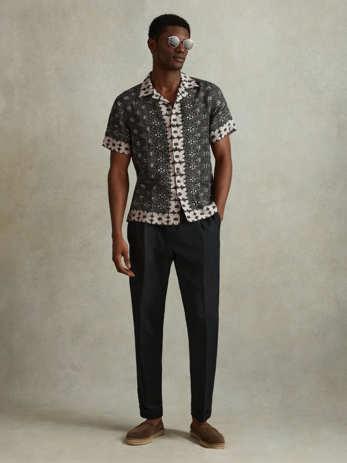 Linen Printed Cuban Collar Shirt in Black Multi (N74181) | €69