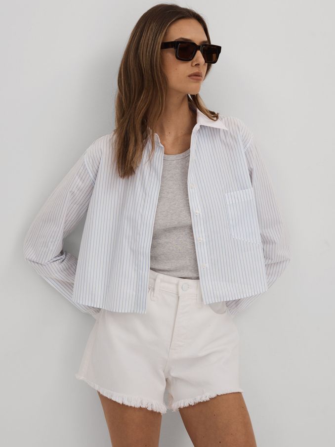 Good American Cotton Poplin Cropped Shirt in Blue Stripe (N74188) | HK$956