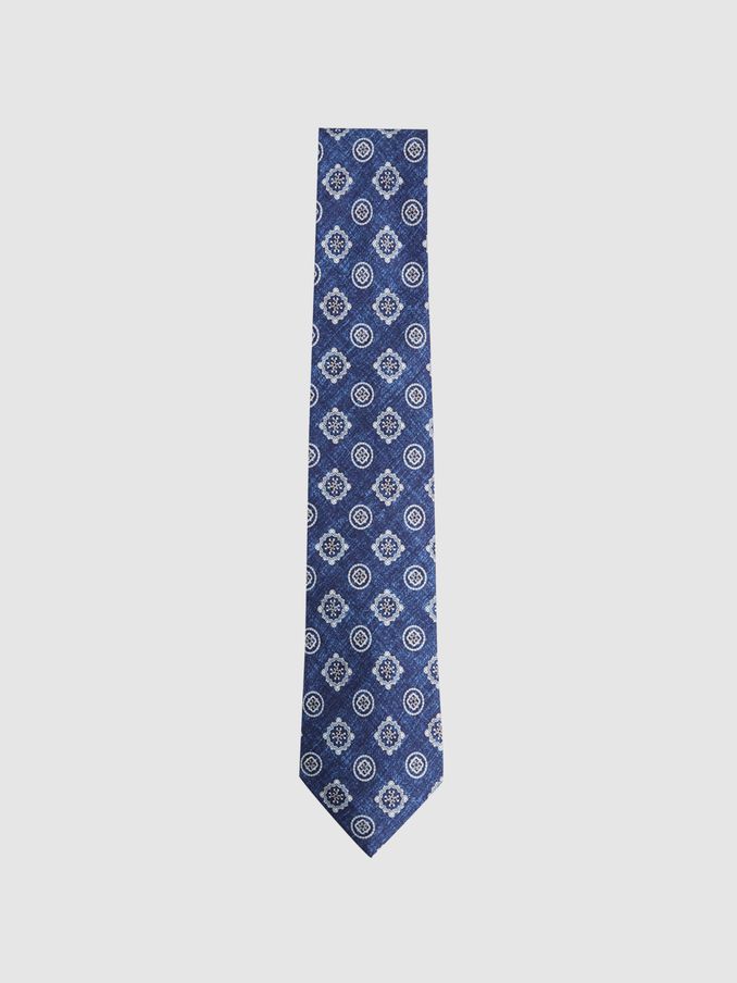 Silk Medallion Print Tie in Indigo Melange (N74201) | €25