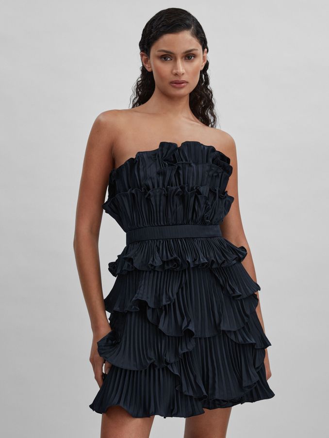 Amur Strapless Ruffle Mini Dress in Navy (N74206) | $407