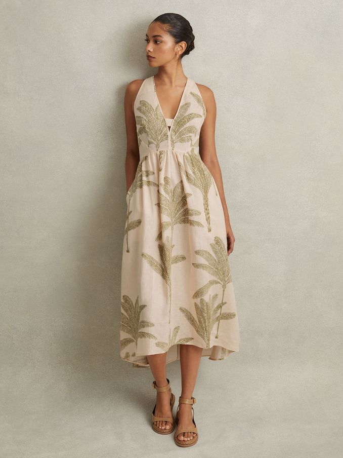 100% Linen Tropical Print Midi Dress in Neutral/Green (N74210) | US$132