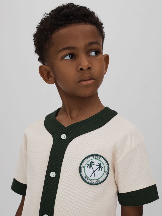 9-13 yrs Textured Cotton Baseball Shirt in Ecru/Green (N74223) | €24
