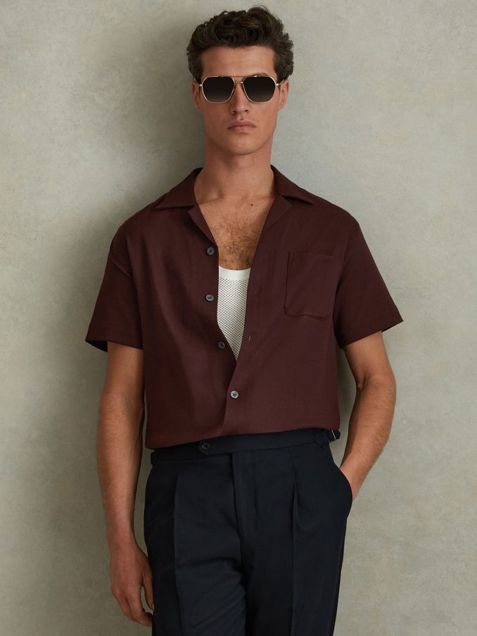 Herringbone Cuban Collar Shirt in Tobacco (N74227) | €50