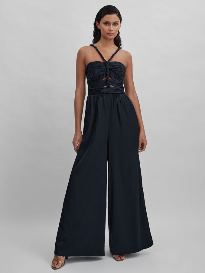 Amur Ruche Detail Wide Leg Jumpsuit in Navy (N74231) | $463