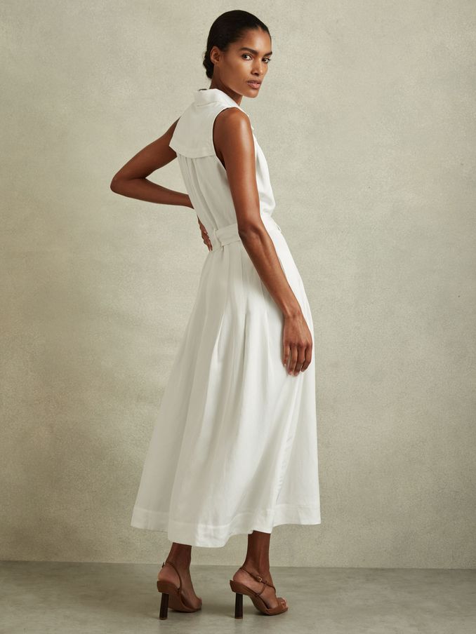 Petite Viscose-Linen Belted Midi Dress in White (N74238) | $145