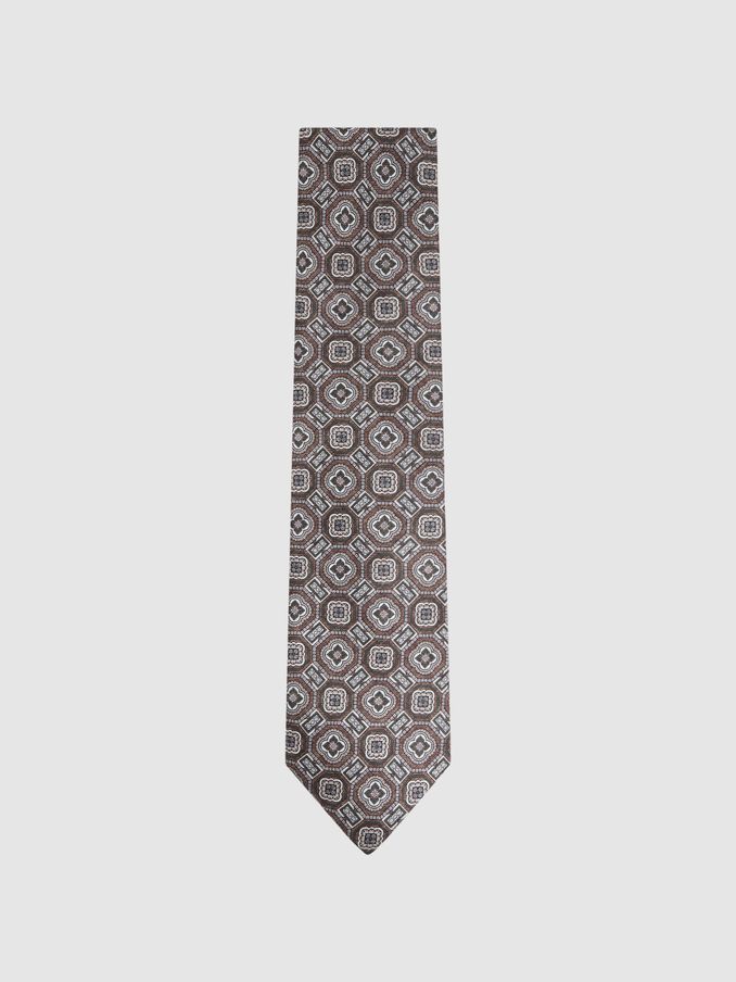 Silk Medallion Print Tie in Tobacco (N74292) | AED100