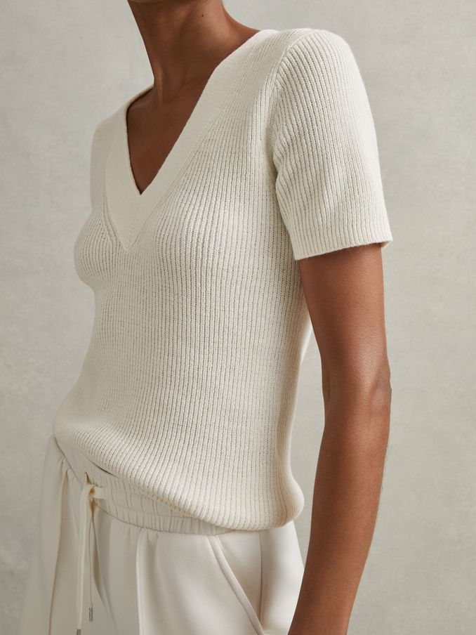 Cotton Blend Knitted V-Neck Top in Ivory (N74308) | €54
