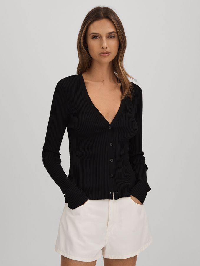 Good American Ribbed Cardigan in Black (N74330) | US$140