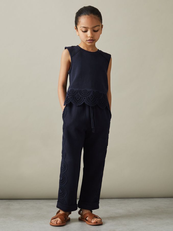 4-9 yrs Cotton Broderie Drawstring Trousers in Navy (N74353) | $37