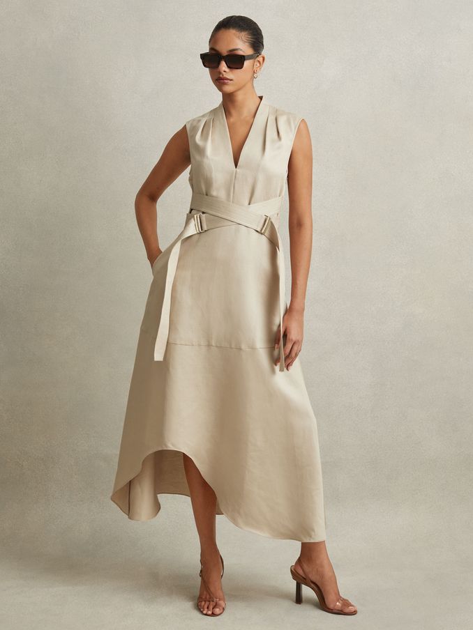 Linen Lyocell Strappy Midi Dress in Neutral (N74382) | US$266