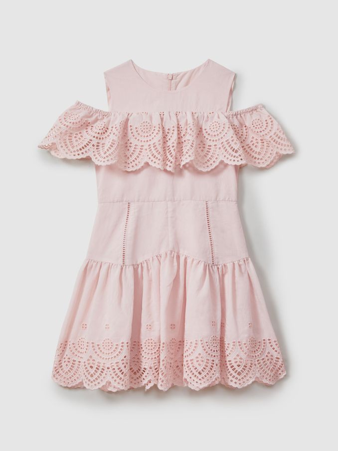 13-14 yrs Off-The-Shoulder Broderie Dress in Pink (N74383) | US$48