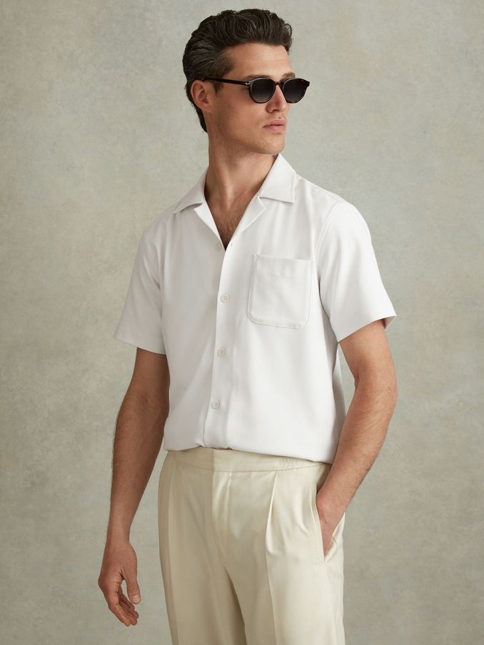 Herringbone Cuban Collar Shirt in White (N74399) | €43