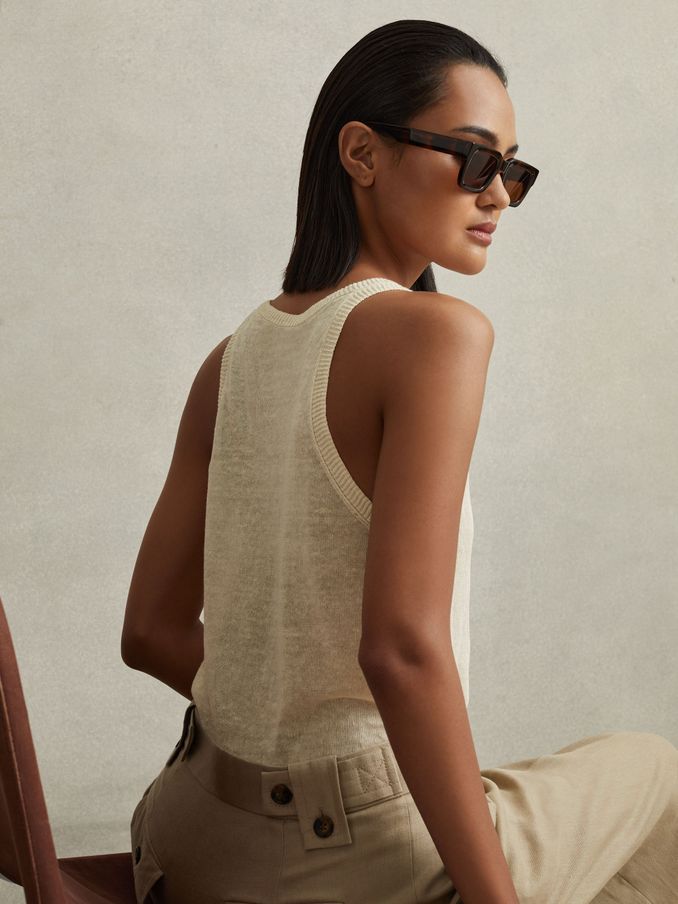 Linen Blend Crew Neck Vest in Cream (N74404) | US$57