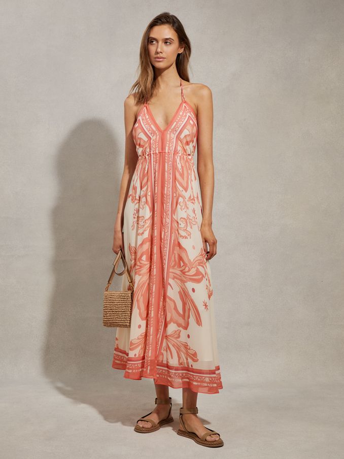 Printed Ruched Waist Midi Dress in Coral (N74414) | €136