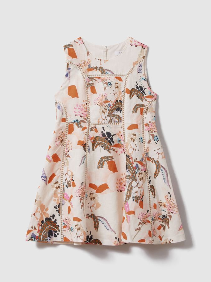 13-14 yrs Linen Cotton Stitch Dress in Pink Print (N74427) | €38