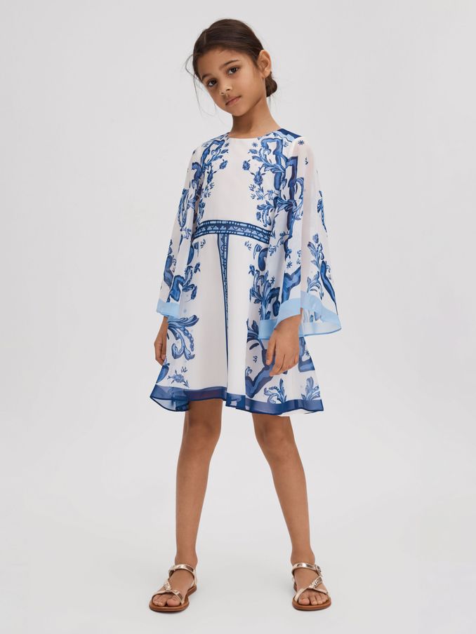 4-9 yrs Tile Print Flare Sleeve Dress in Blue Print (N74434) | €38