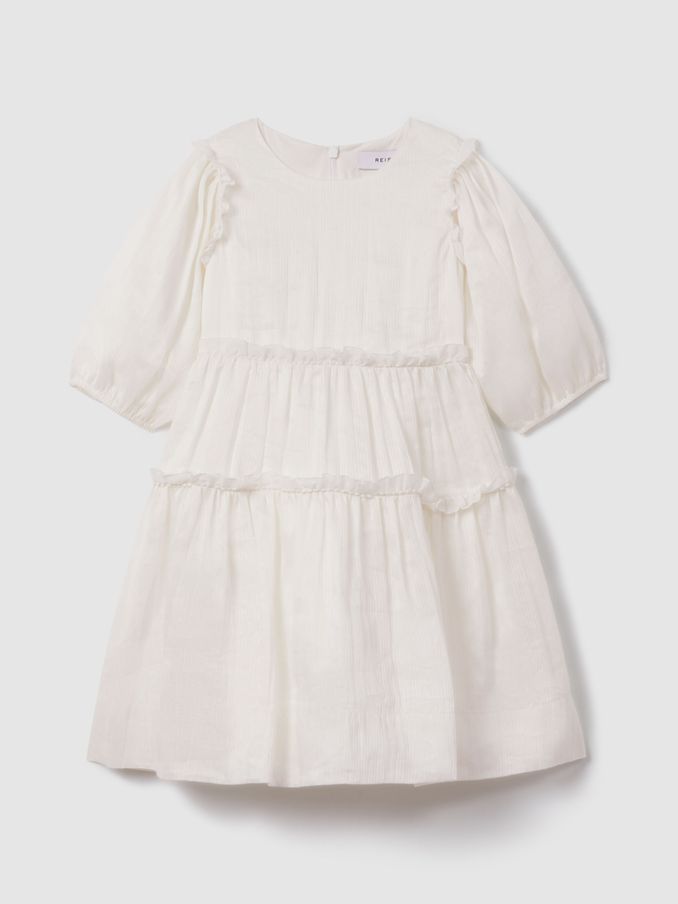 13-14 yrs Tiered Linen Blend Puff Sleeve Dress in Ivory (N74804) | €50