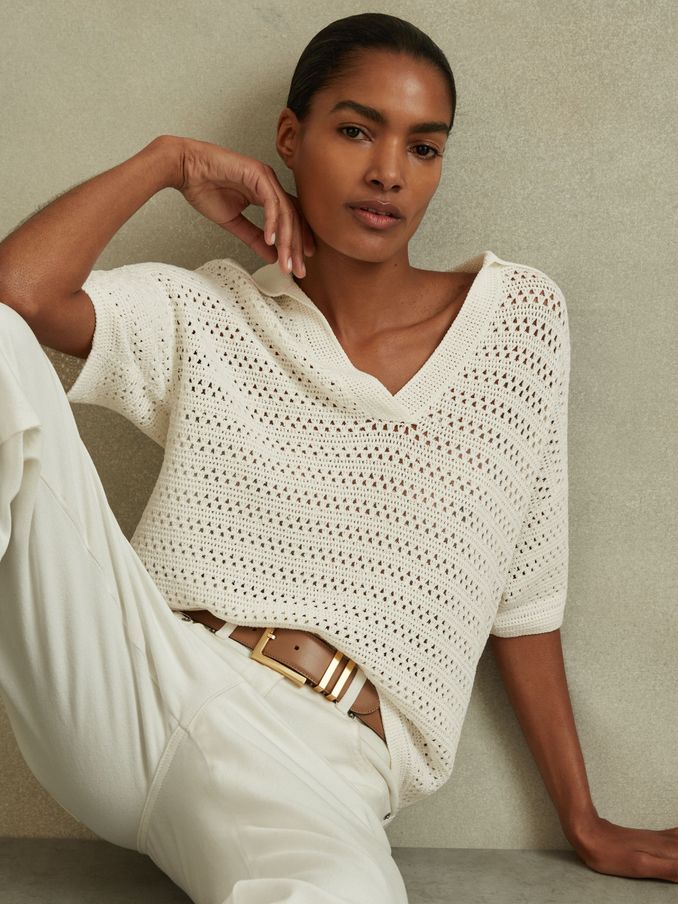 Knitted Open-Collar Polo Shirt in Ivory (N74841) | US$71