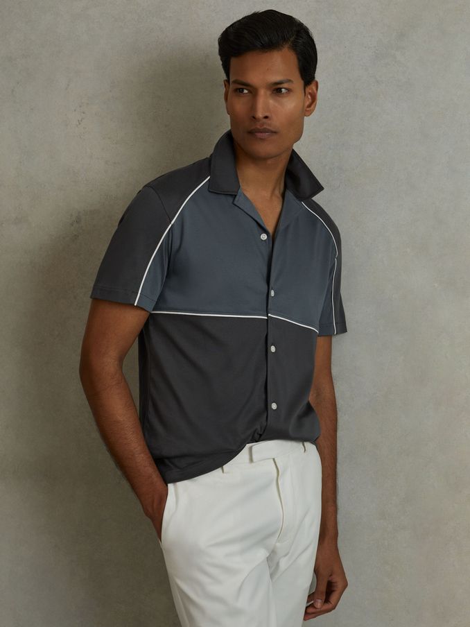 Mercerised Cotton Colourblock Cuban Collar Shirt in Blue Multi (N76804) | €21