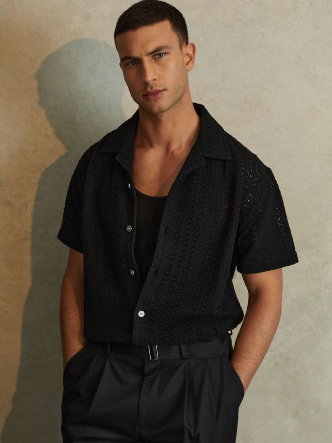 Cotton Crochet Cuban Collar Shirt in Black (N76812) | US$125