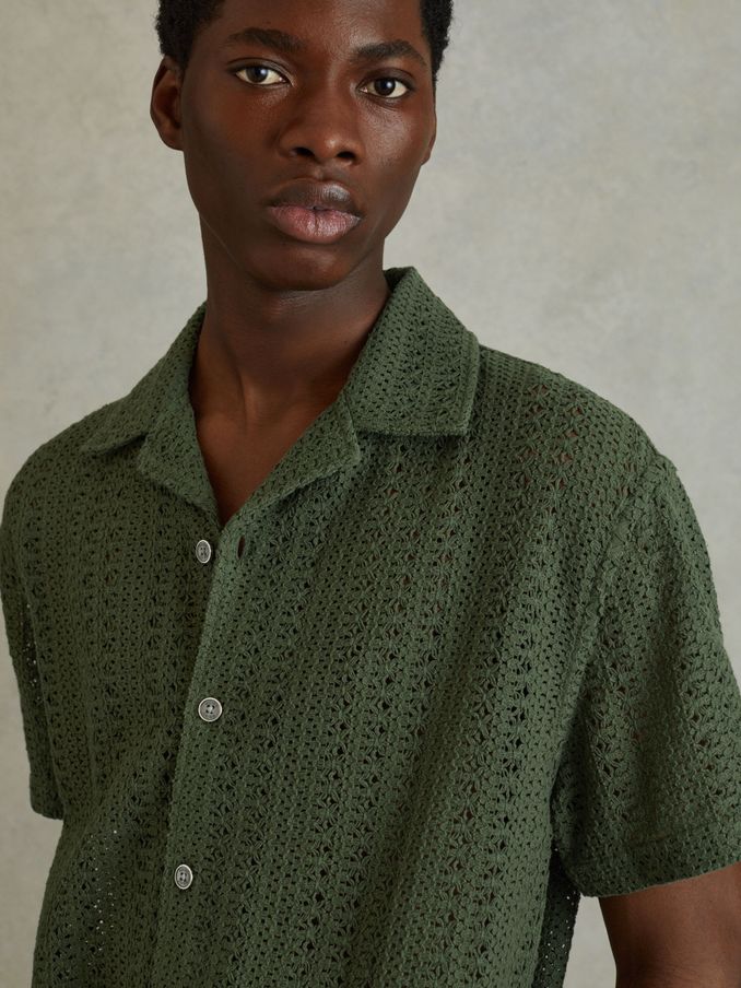 Cotton Crochet Cuban Collar Shirt in Olive Green (N76838) | $111