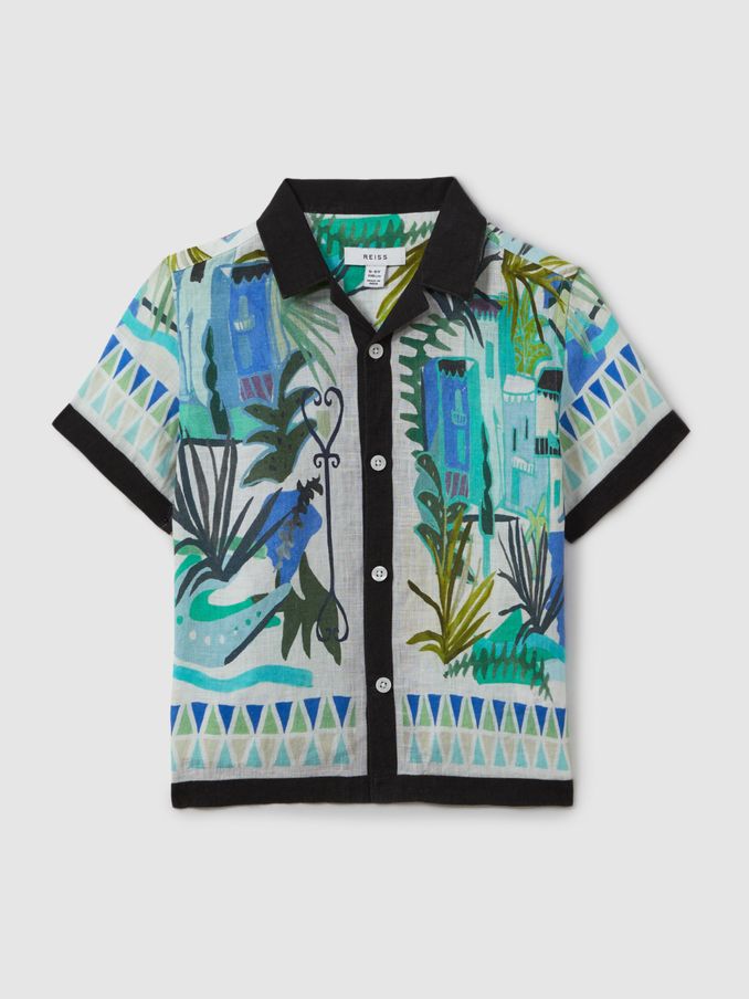 13-14 yrs Printed Cuban Collar Shirt in Blue Multi (N77537) | CA$95