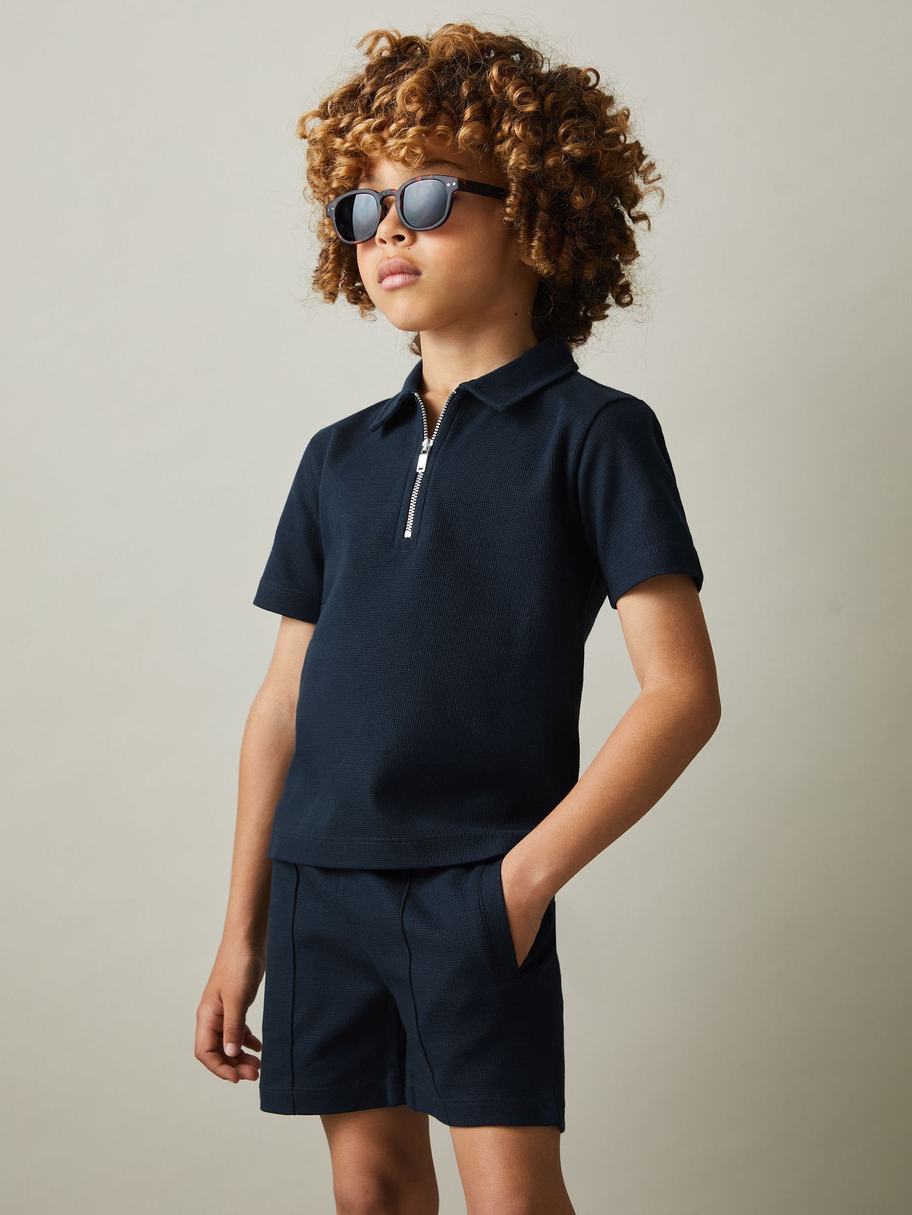 Cotton Textured Half-Zip Polo Shirt in Navy (N77946) | €45