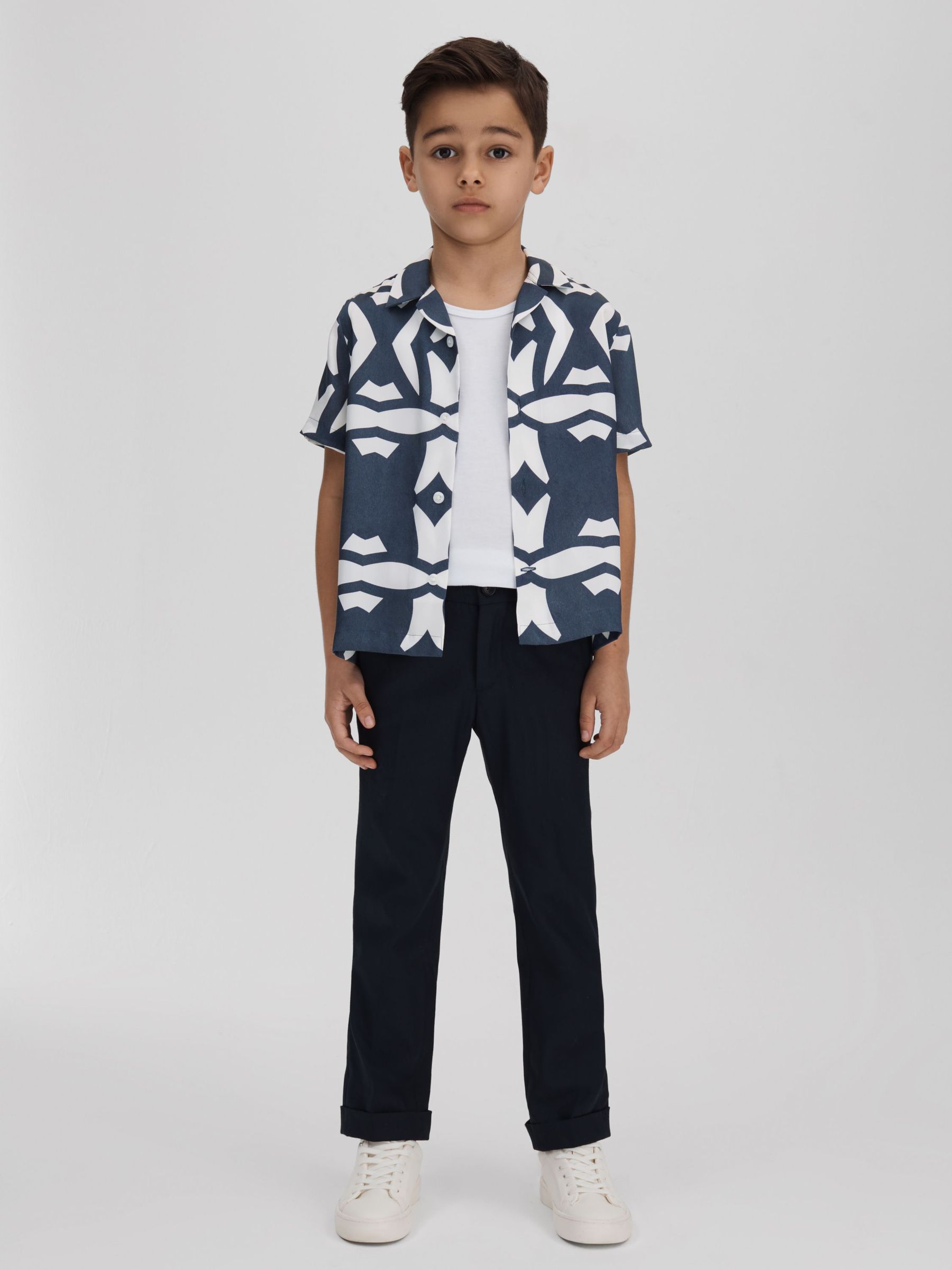 Printed Cuban Collar Shirt in Airforce Blue/White (N94949) | US$60