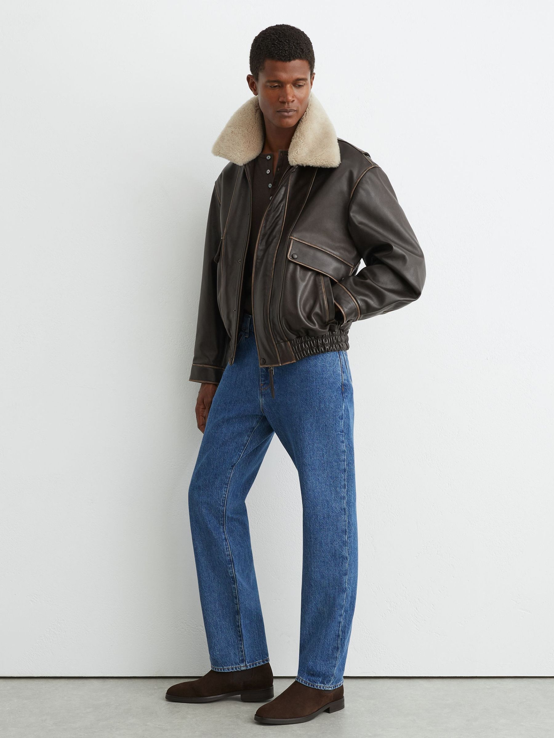 Brown - Regular Leather Shearling-collar Aviator Jacket