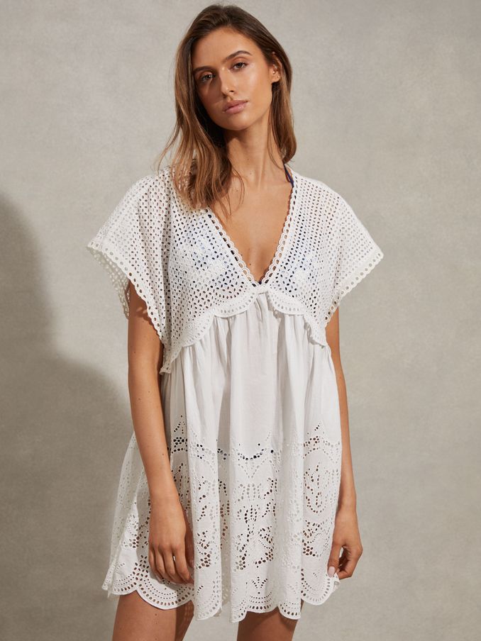 Broderie Mini Length Kaftan in White (N95967) | $155