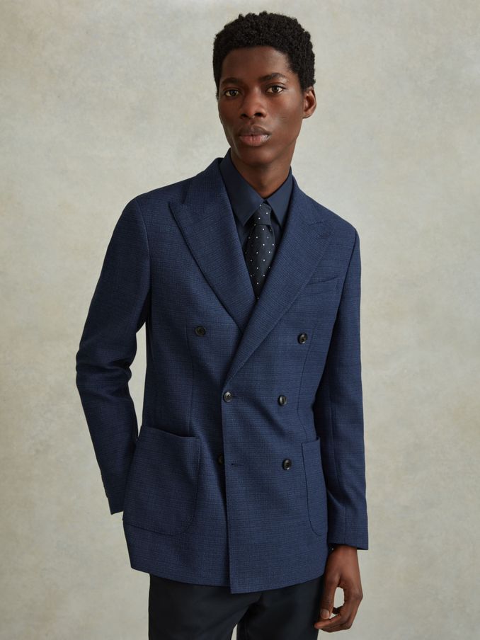 Wool Blend Double Breasted Blazer in Indigo (N95984) | US$196
