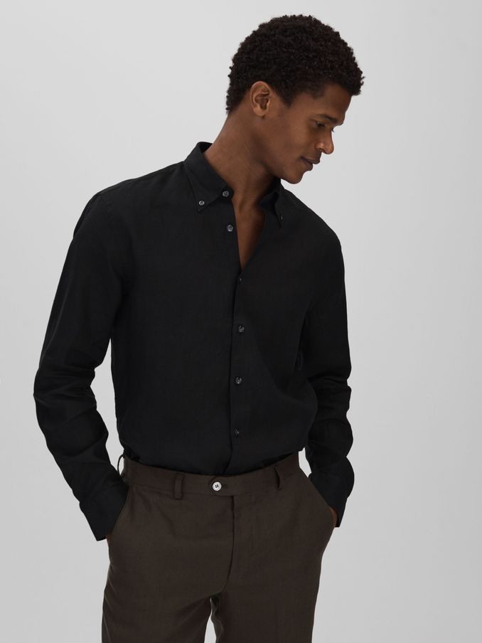 Oscar Jacobson Linen Button Down Collar Shirt in Black (N95987) | US$123